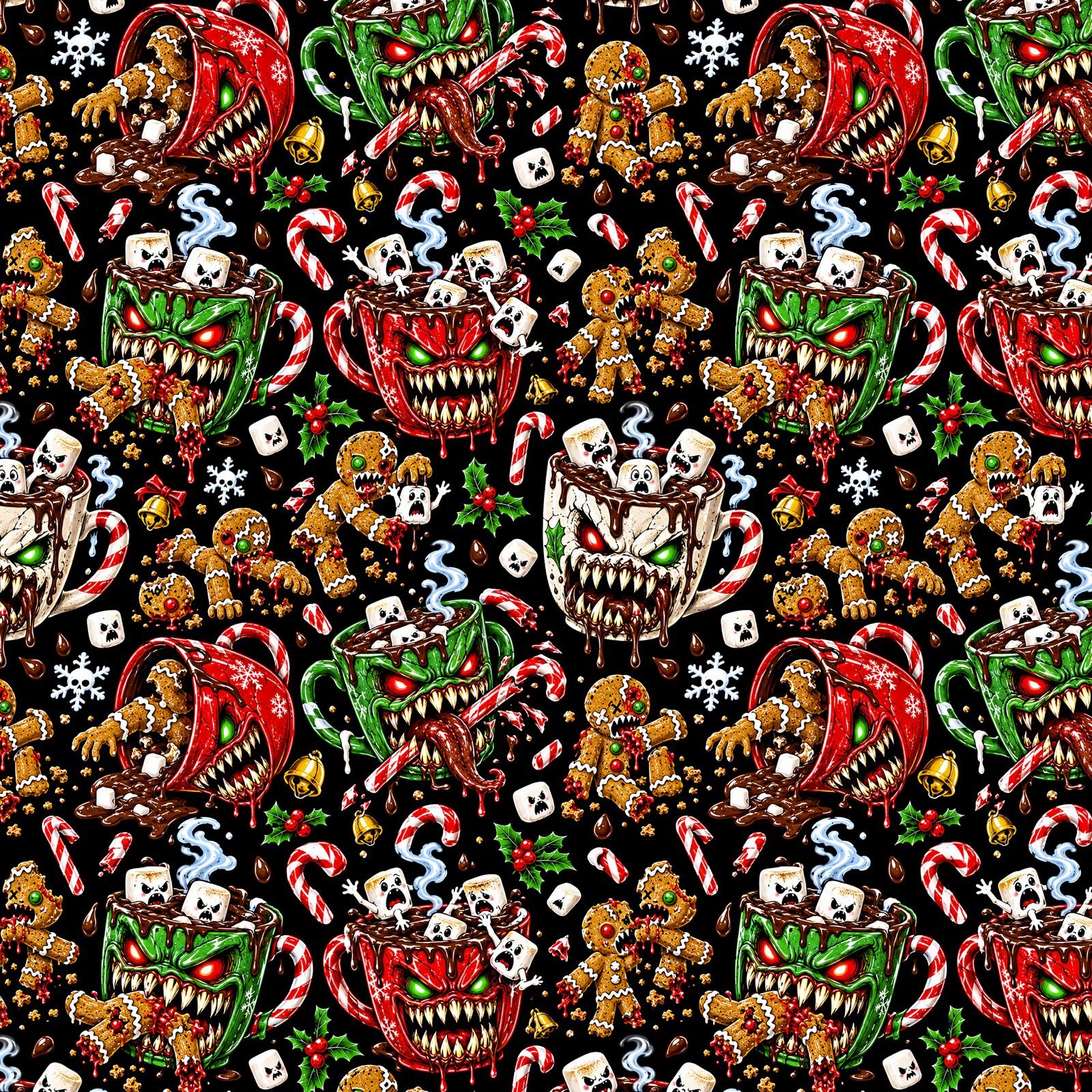 Neon skeleton and zombie Halloween seamless pattern with glowing green skeletons, purple zombies, bats and horror elements