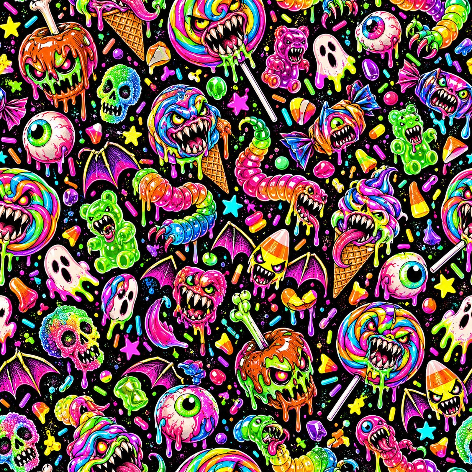 Colorful Christmas monster bear seamless pattern with creepy bears, Santa hats, candy canes, gingerbread and holiday elements