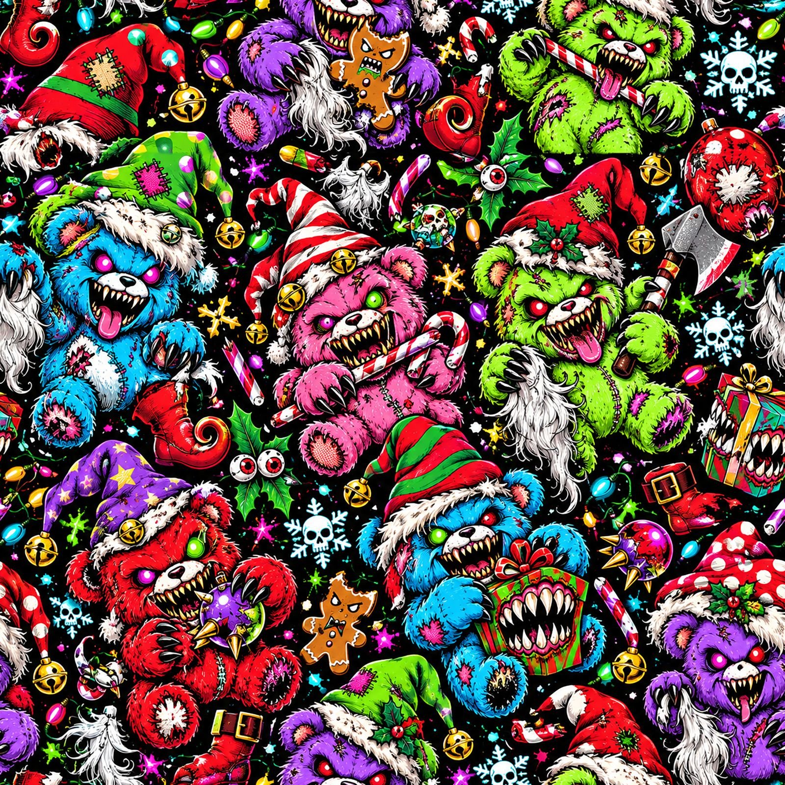 Colorful Halloween monster candy seamless pattern with spooky monsters, lollipops, eyeballs, ghosts, skulls and candy