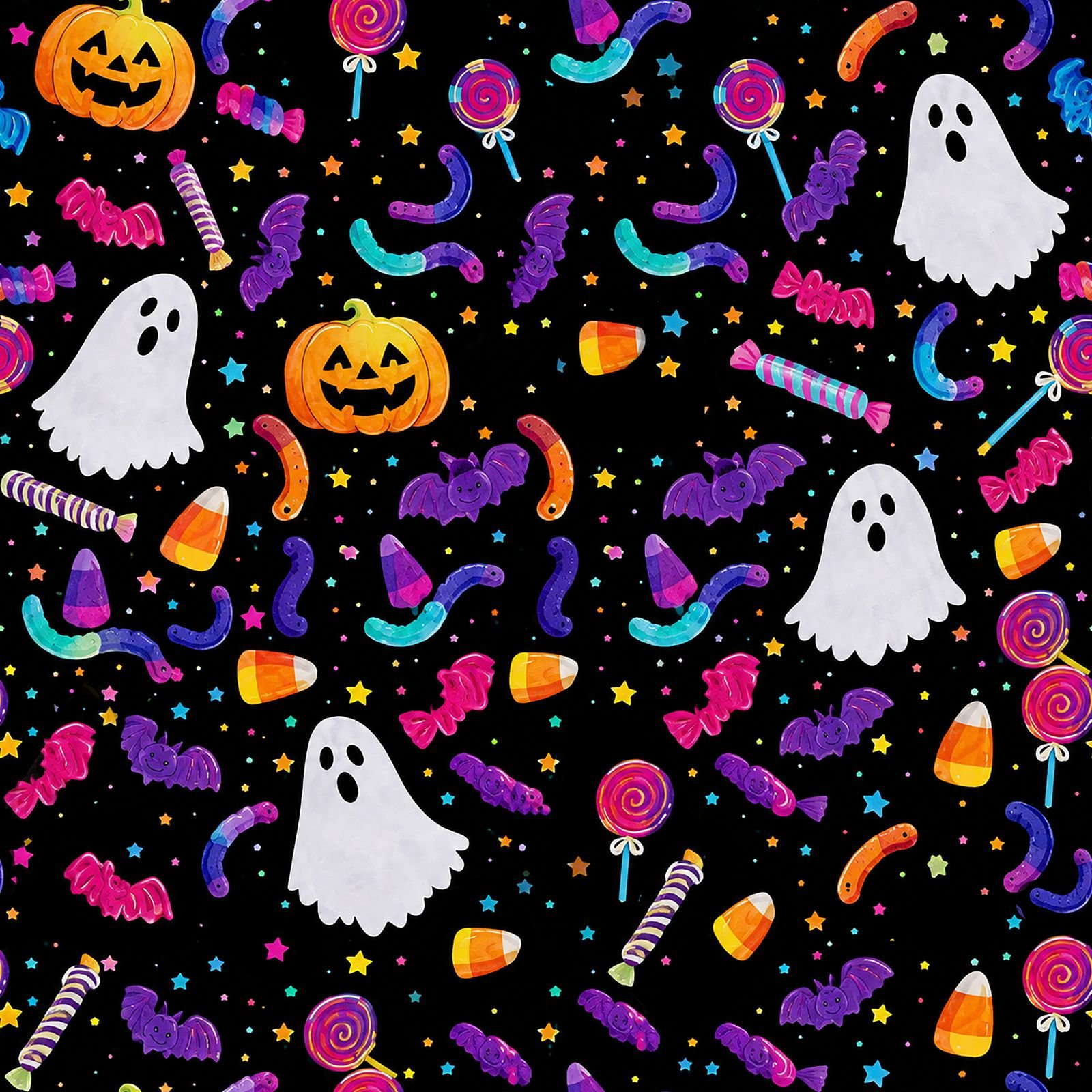 Colorful Halloween ghost and candy seamless pattern with pumpkins, bats, lollipops, candy corn and stars