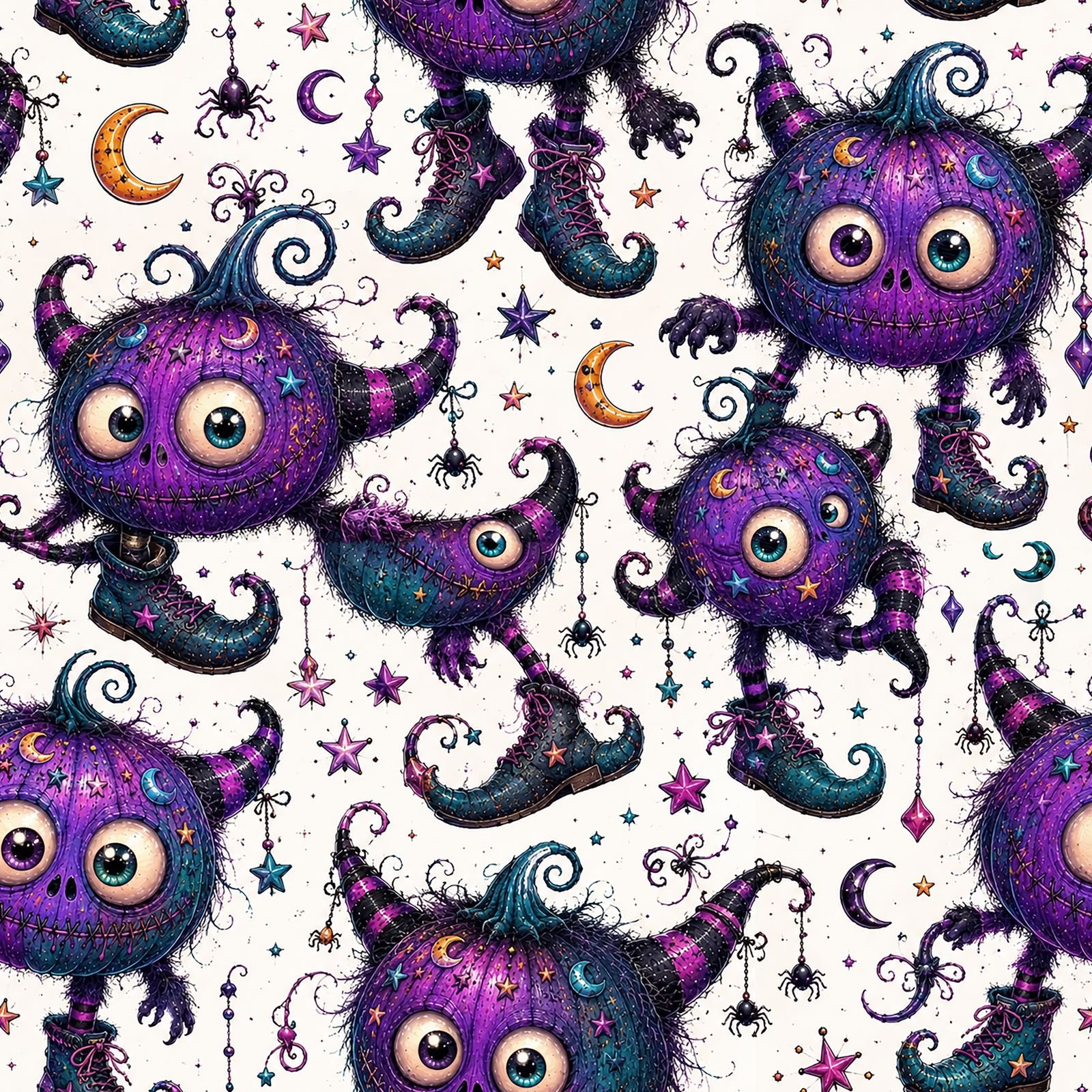 Purple monster witch seamless Halloween pattern with magical characters, stars, moons and colorful details