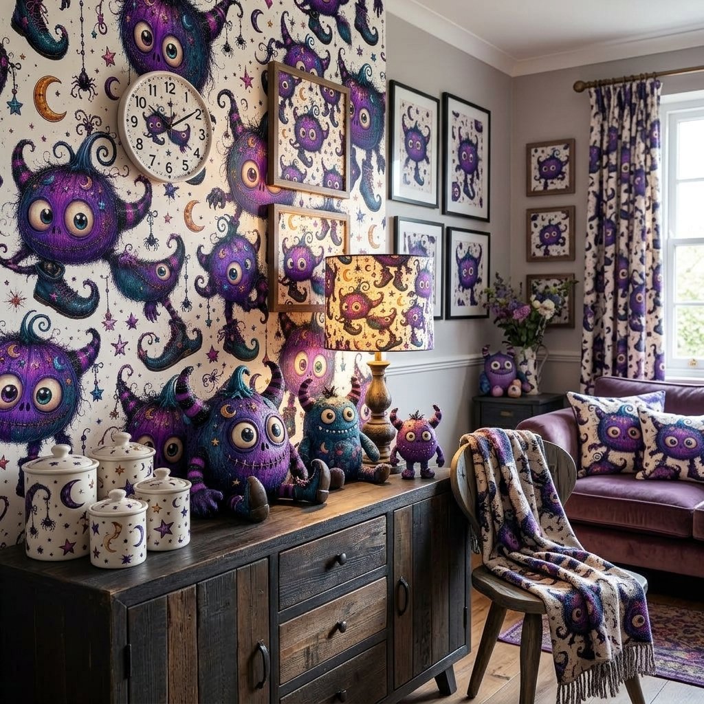 Cute purple Halloween monster pattern with whimsical stitched creatures, boots, stars, and crescent moons. seamless pattern design service