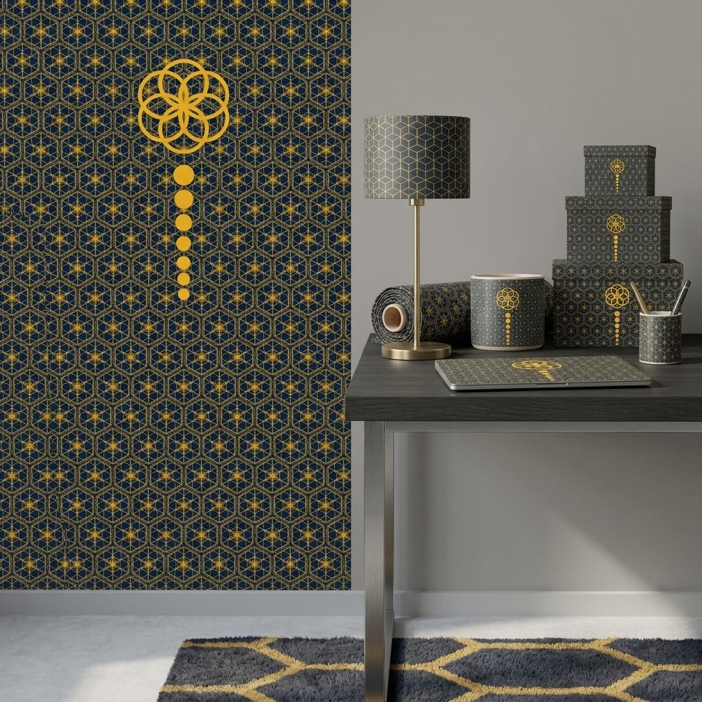 seamless pattern design service, Navy blue and gold geometric seamless pattern with intricate lattice motifs and elegant ornamental details.