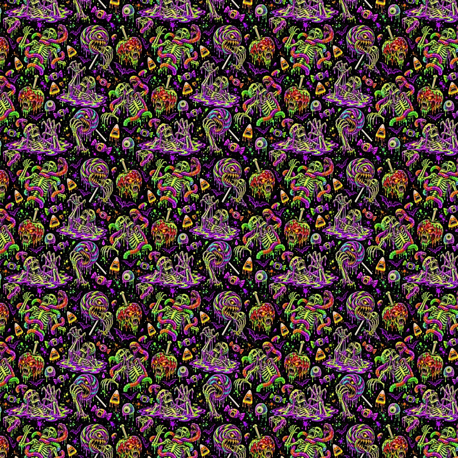 Colorful Halloween monster candy seamless pattern with spooky monsters, lollipops, eyeballs, ghosts, skulls and candy