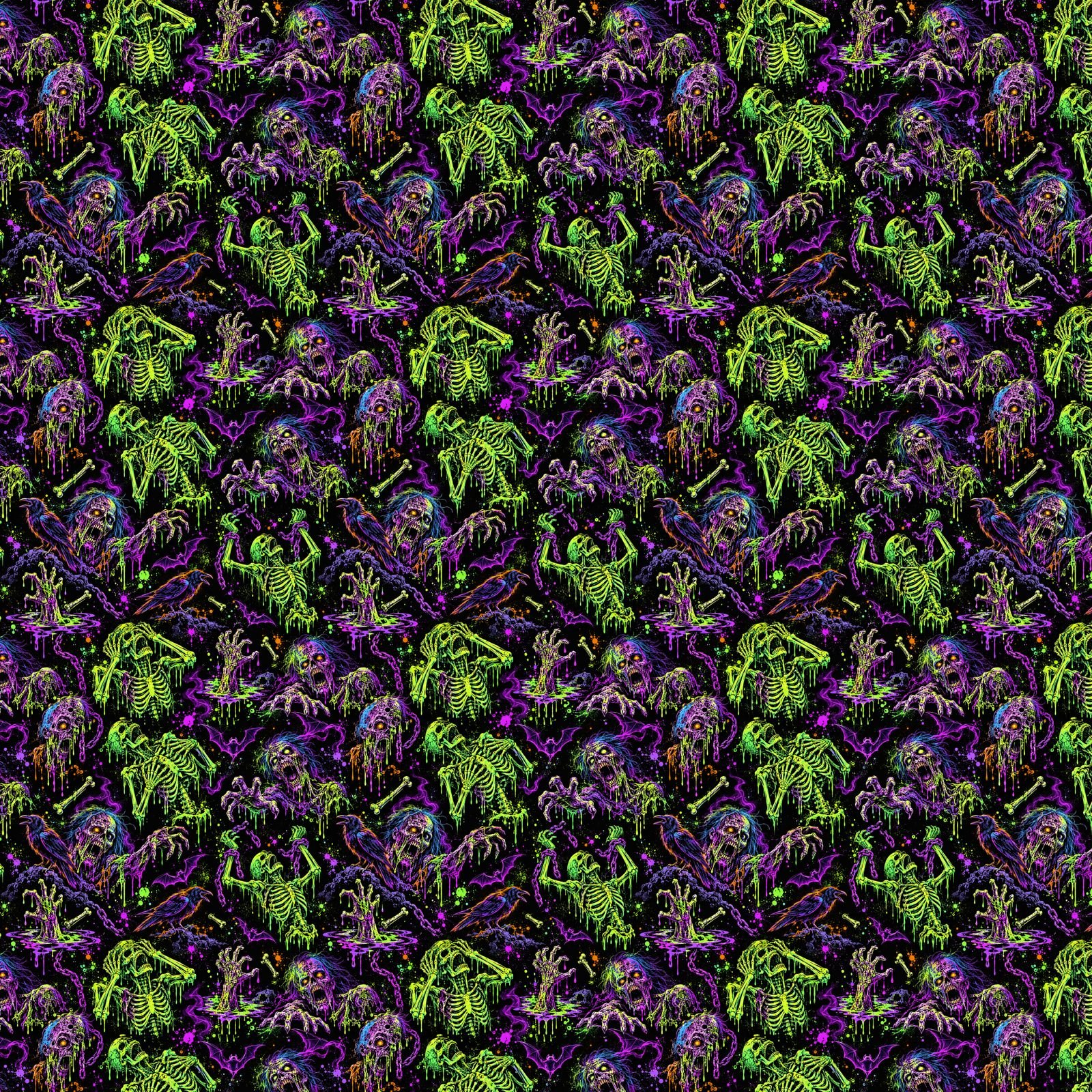 Colorful Halloween monster candy seamless pattern with spooky monsters, lollipops, eyeballs, ghosts, skulls and candy
