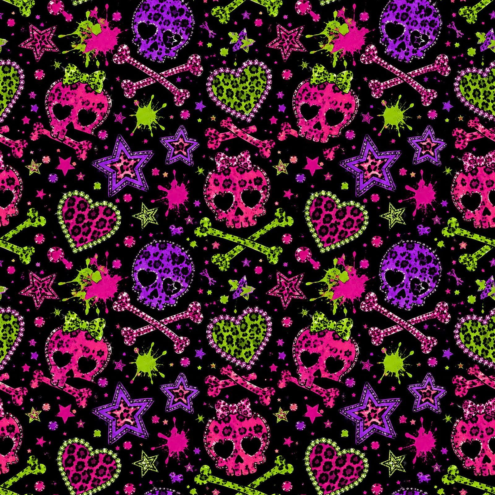 Neon skull and crossbones seamless pattern with colorful leopard print hearts, stars and bones on black background