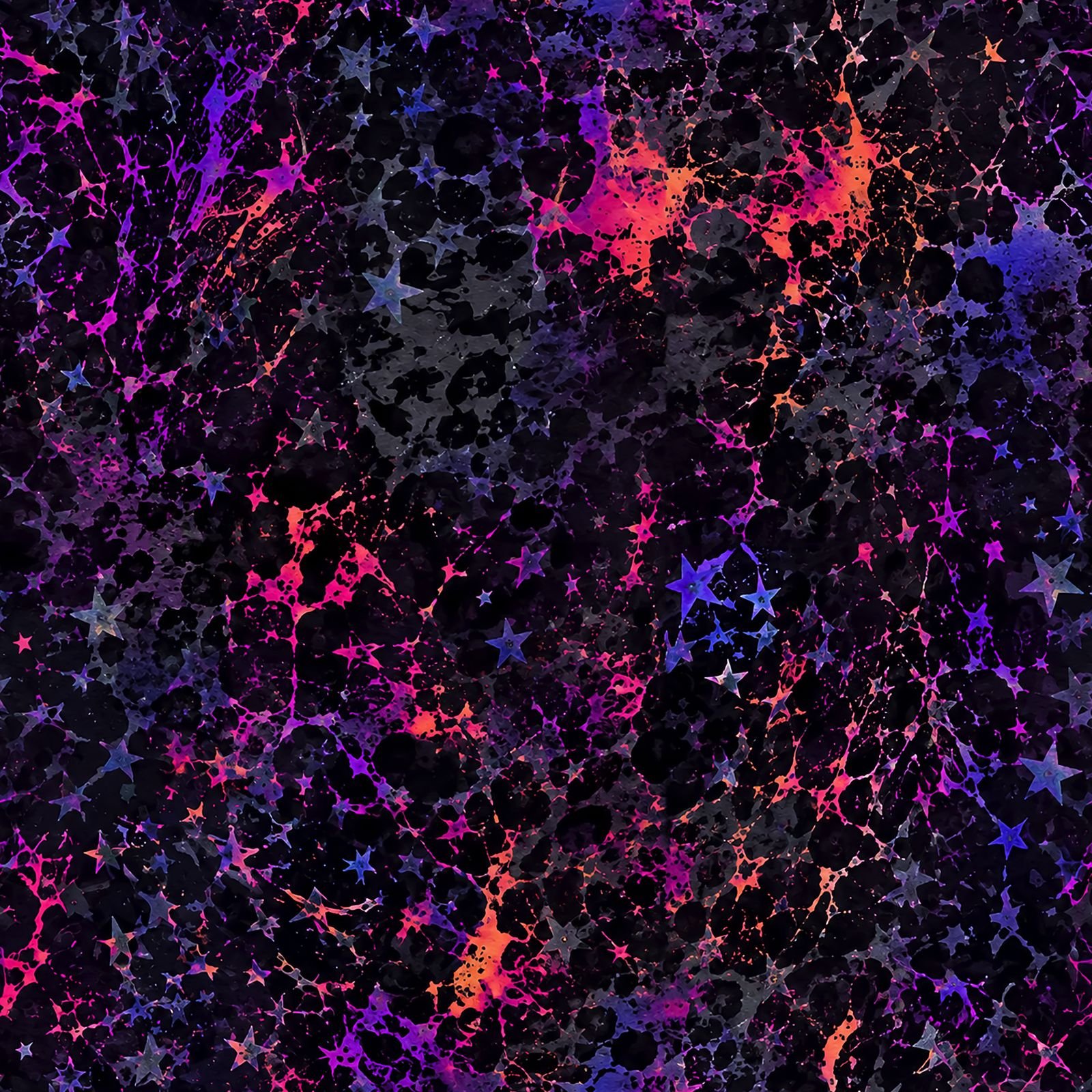 Dark seamless pattern with neon pink, purple, blue, and orange splatters and scattered star shapes.