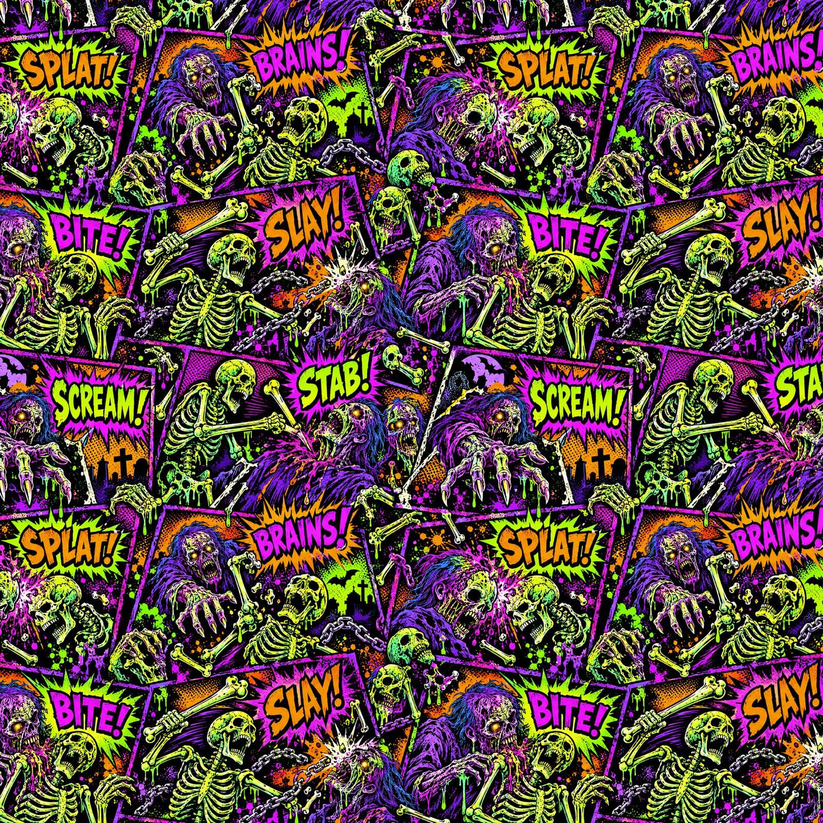 Neon zombie skeleton Halloween seamless pattern with colorful skeletons, horror characters, bones and comic elements