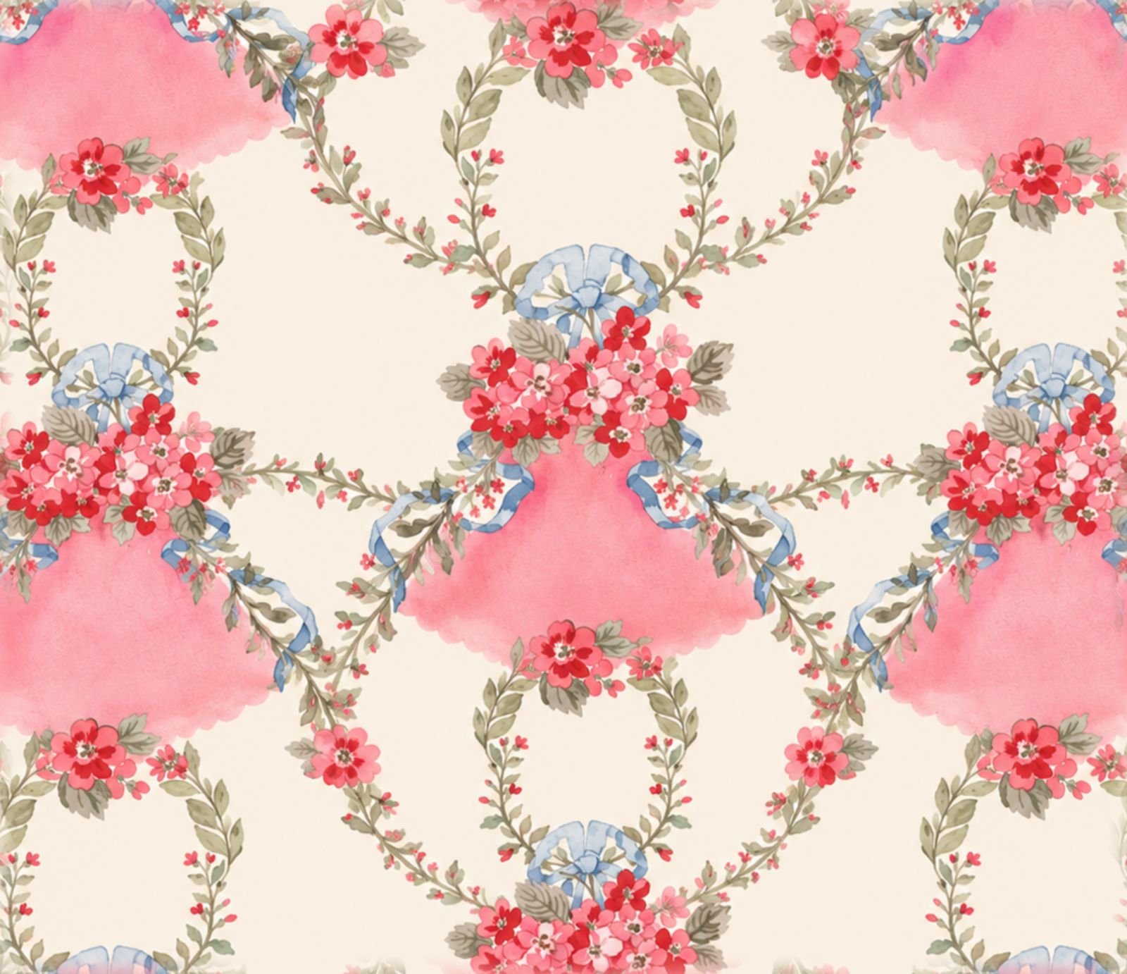 Pink floral seamless pattern with delicate leafy wreaths, red and pink flowers, blue ribbons, and soft pink accents on a cream background.