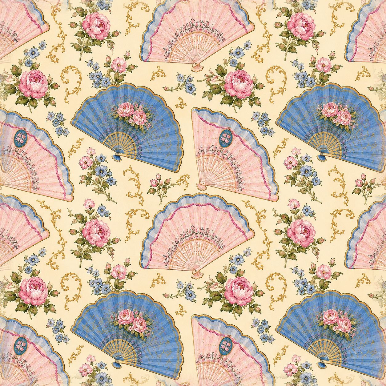 Vintage seamless pattern with pink and blue hand fans, roses, floral bouquets, and golden ornamental details on a cream background.