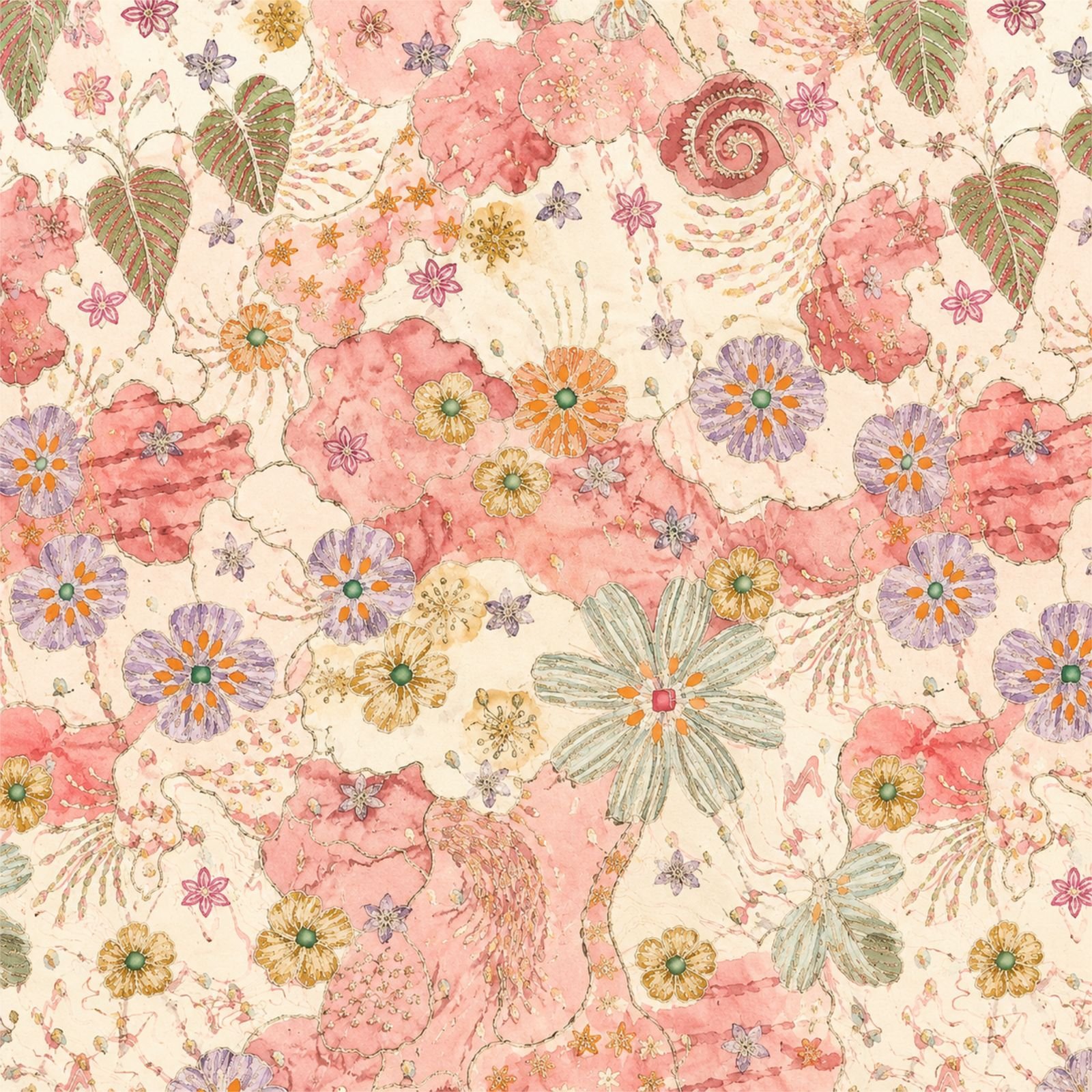 Vintage watercolor floral seamless pattern with pink flowers, lavender and orange blooms, botanical leaves, and paisley details on a cream background.
