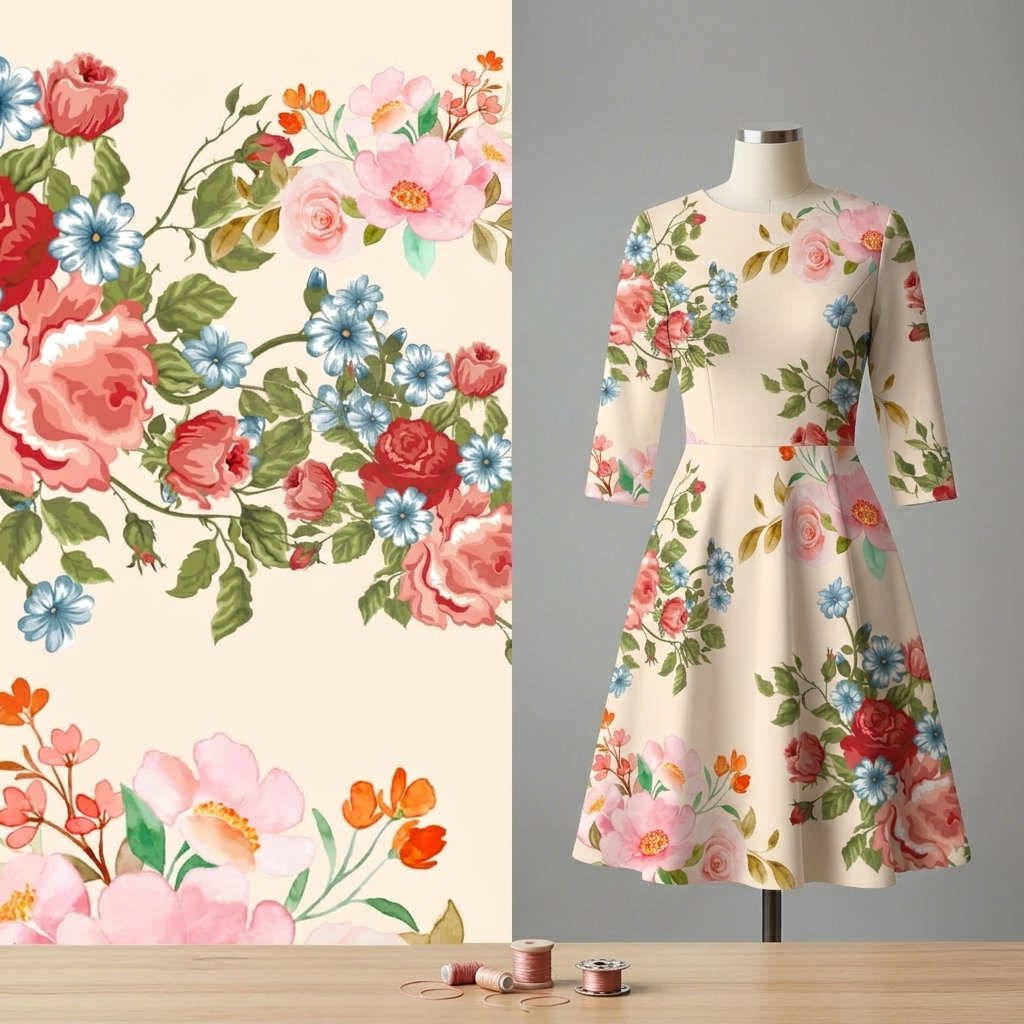 seamless pattern design service, A three-quarter sleeve, knee-length floral dress on a mannequin. The dress features a vibrant pattern of pastel and red roses with blue floral accents, exactly matching the large fabric design swatch shown to its left. Two thread spools and a pincushion are visible in the foreground.